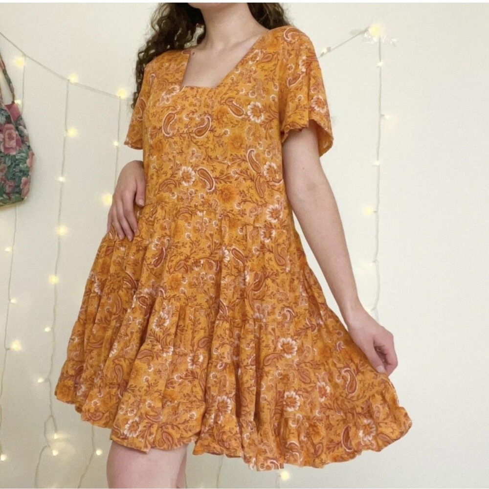 Patrons of Peace Tiered Dress Womens Size M Paisley Print Rayon Boho Peasant